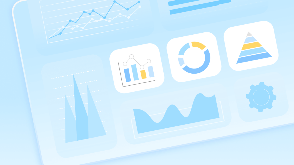 Blue dashboard mockup with line, bar, and donut charts and a settings gear for short-term rental performance.