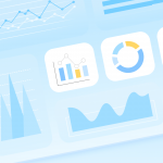 Blue dashboard mockup with line, bar, and donut charts and a settings gear for short-term rental performance.