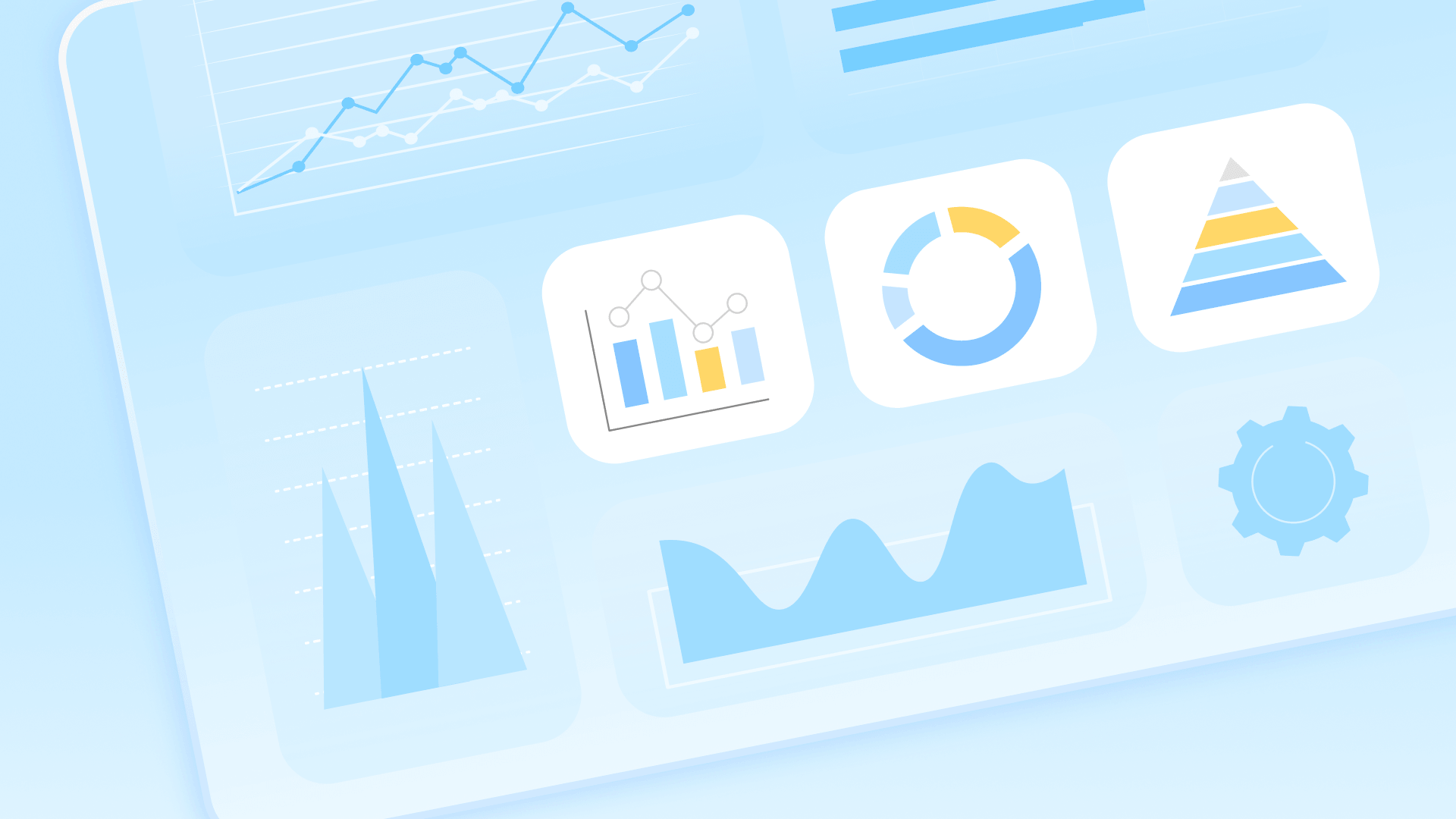 Blue dashboard mockup with line, bar, and donut charts and a settings gear for short-term rental performance.