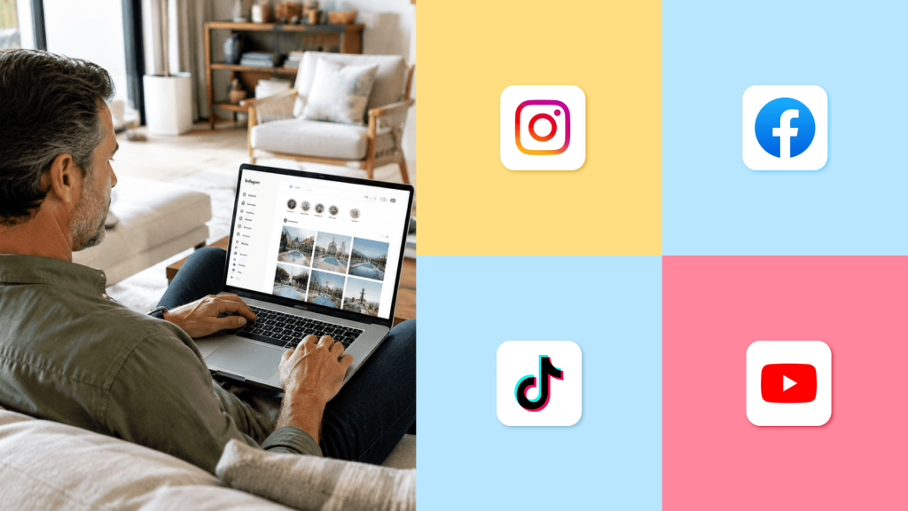 A middle-aged vacation rental host engaged in social media marketing while using Instagram on a laptop in a bright, modern Airbnb living room.