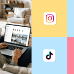 A middle-aged vacation rental host engaged in social media marketing while using Instagram on a laptop in a bright, modern Airbnb living room.