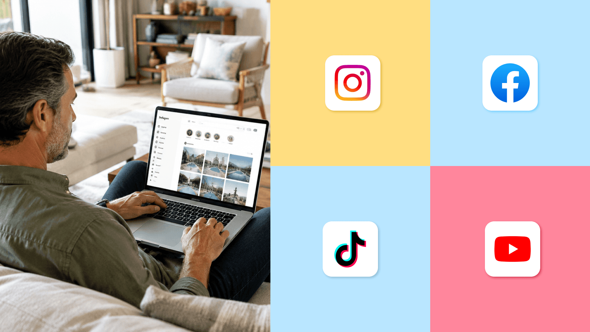 A middle-aged vacation rental host engaged in social media marketing while using Instagram on a laptop in a bright, modern Airbnb living room.