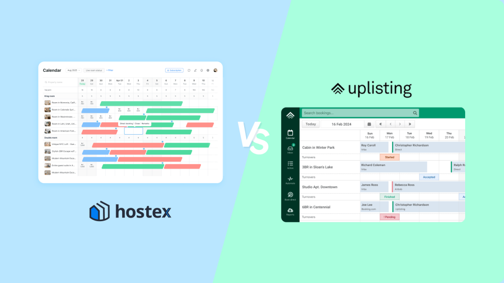 Hostex vs. Uplisting comparison image displaying both platforms in a laptop split-screen layout