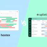 Hostex vs. Uplisting comparison image displaying both platforms in a laptop split-screen layout