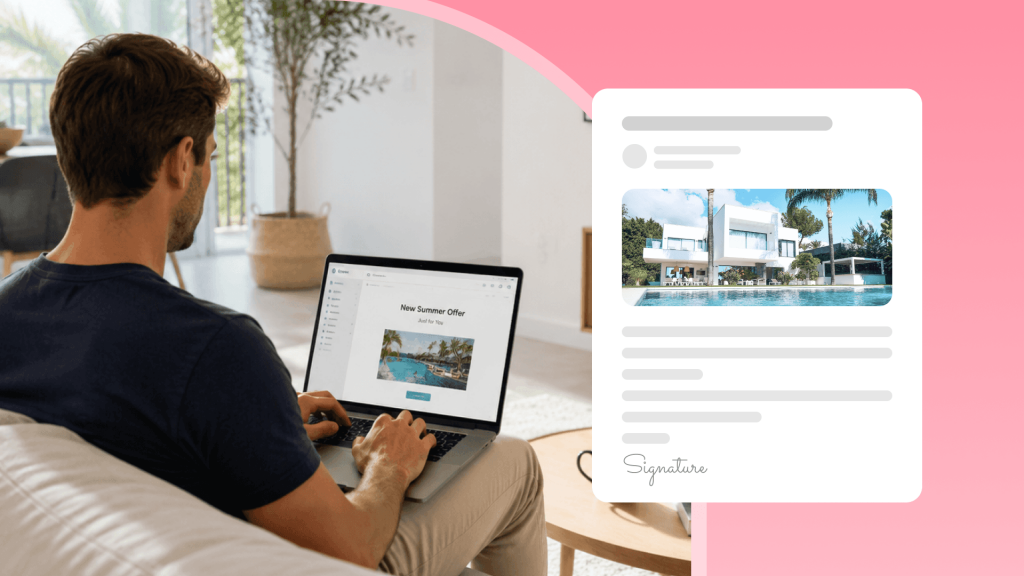 Airbnb host sitting on a sofa in a bright modern vacation rental living room, using a laptop to manage email marketing campaigns.