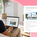 Airbnb host sitting on a sofa in a bright modern vacation rental living room, using a laptop to manage email marketing campaigns.