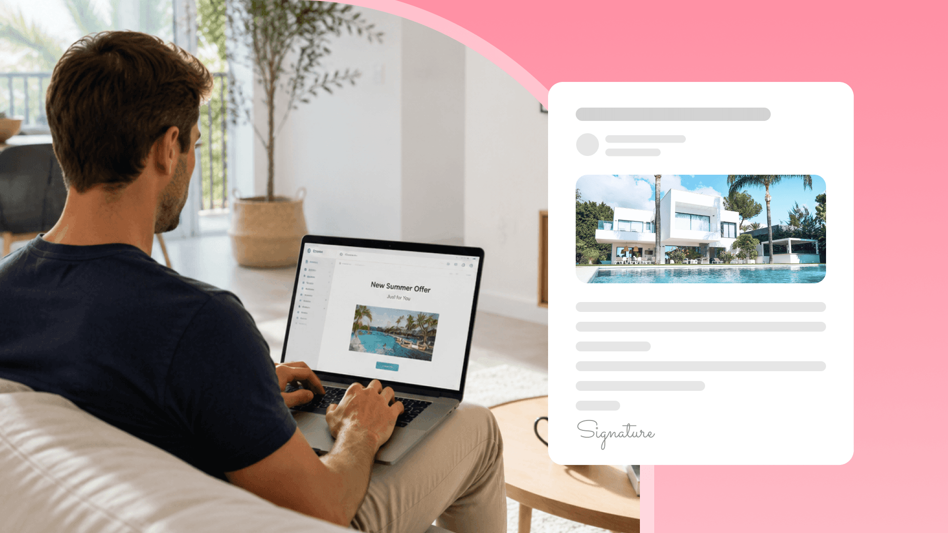 Airbnb host sitting on a sofa in a bright modern vacation rental living room, using a laptop to manage email marketing campaigns.