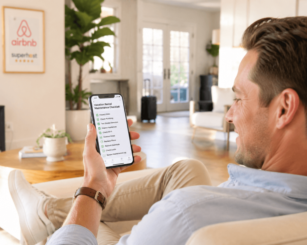 An Airbnb host is sitting on the sofa, smiling while checking his Vacation Rental Maintenance Checklist on his phone.