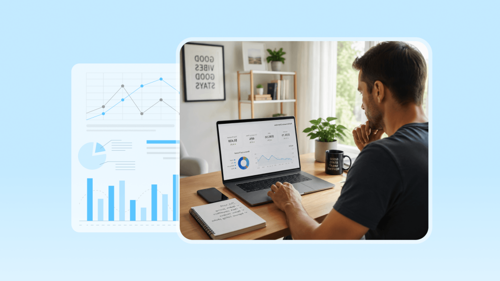 Airbnb host using a laptop to view property performance data in Hostex, including RevPAR metrics for short-term rental management.