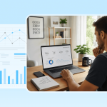 Airbnb host using a laptop to view property performance data in Hostex, including RevPAR metrics for short-term rental management.
