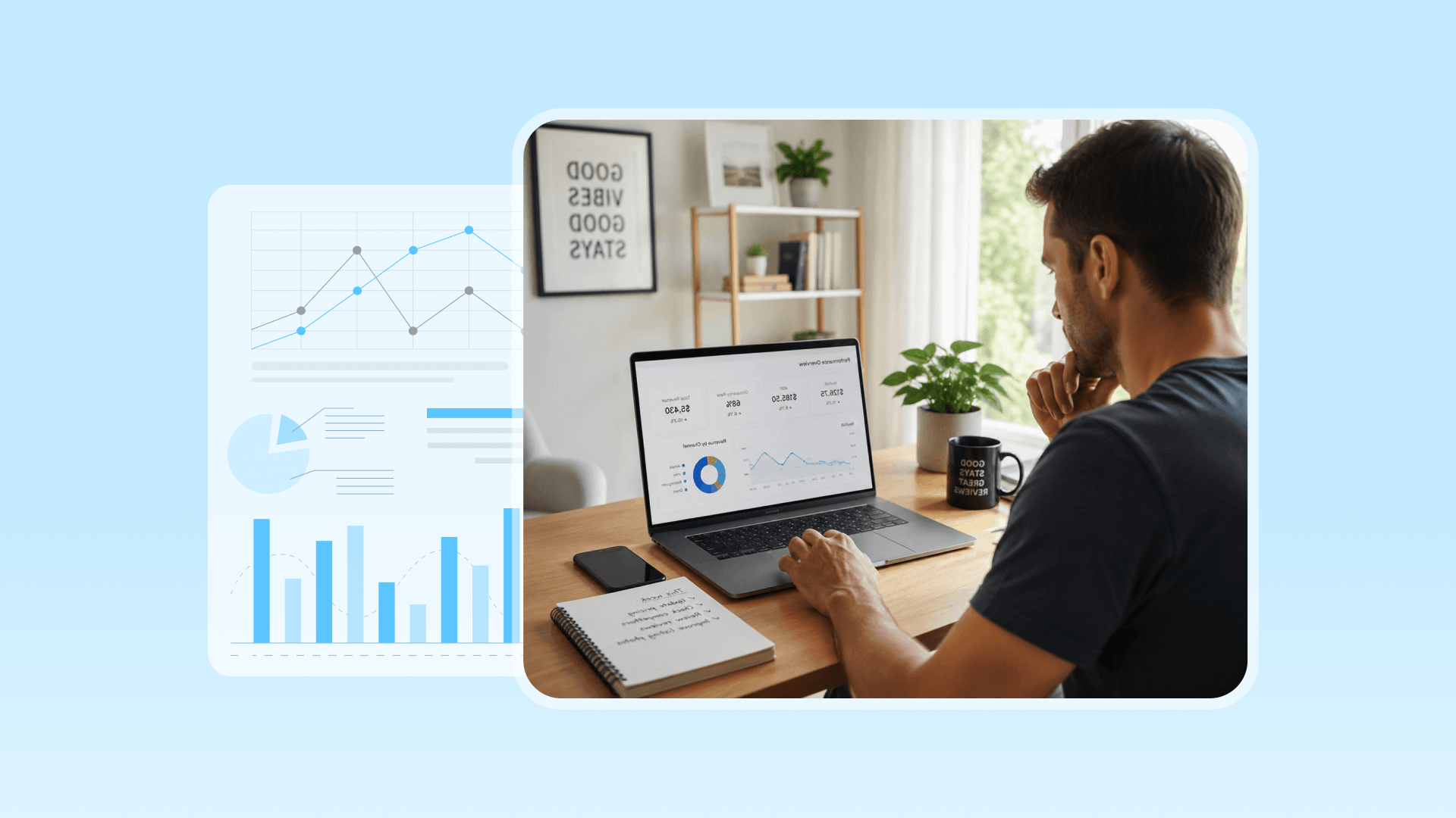 Airbnb host using a laptop to view property performance data in Hostex, including RevPAR metrics for short-term rental management.