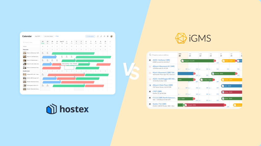 Side-by-side cover with VS, showing the Hostex property management calendar and the iGMS calendar on the right.