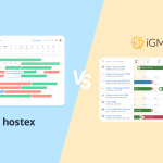 Side-by-side cover with VS, showing the Hostex property management calendar and the iGMS calendar on the right.