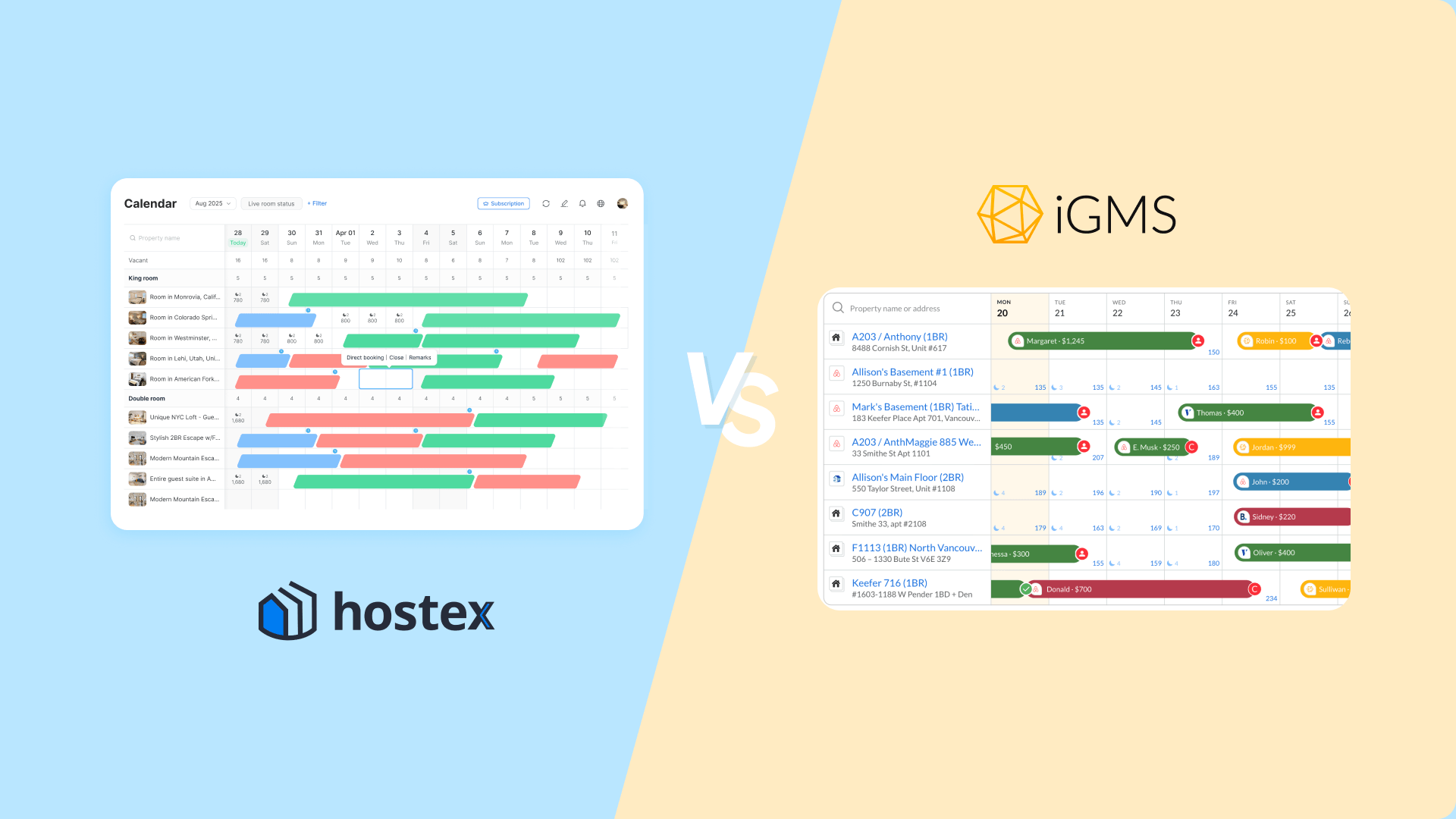 Side-by-side cover with VS, showing the Hostex property management calendar and the iGMS calendar on the right.