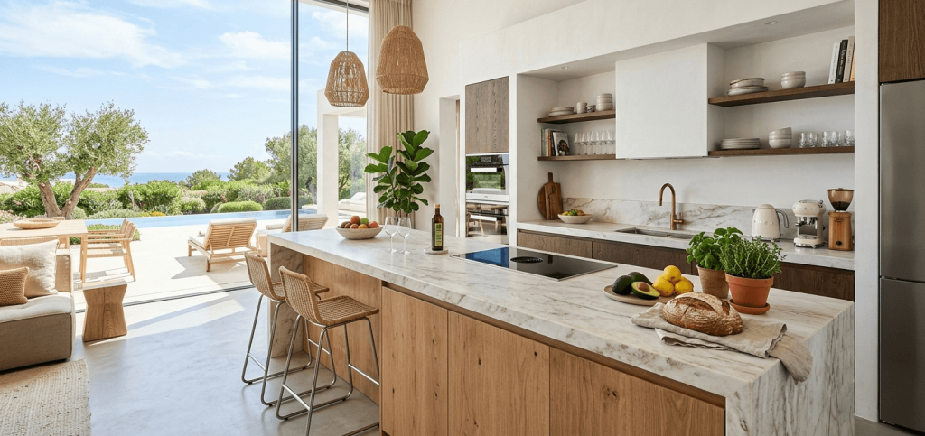 A modern luxury villa Airbnb kitchen featuring a marble island with bar stools, opening up to a sunny outdoor pool terrace, and equipped with premium Airbnb kitchen essentials like an espresso machine, toaster, and fresh ingredients.