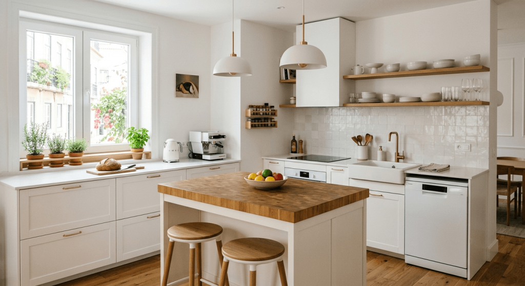 A bright, minimalist Airbnb kitchen with white cabinets, a wooden island, and ample natural light, showcasing essential Airbnb kitchen essentials like a coffee maker and sleek appliances.