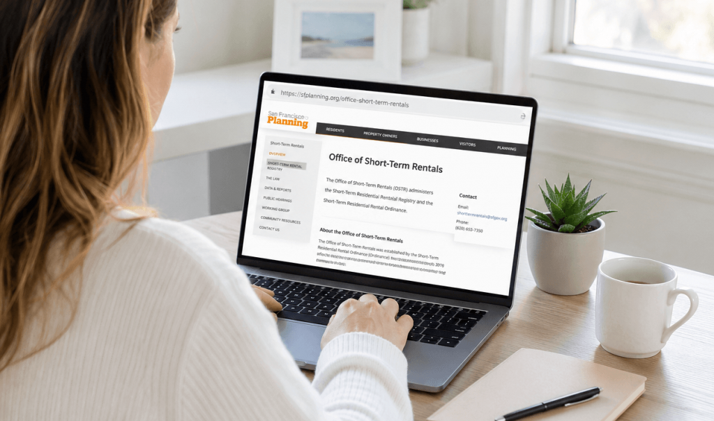An Airbnb host reviews vacation rental license requirements on a local government website before applying for a short-term rental permit.
