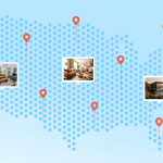 Blue USA dot mosaic map vector with red location markers indicating the best short-term rental investment spots