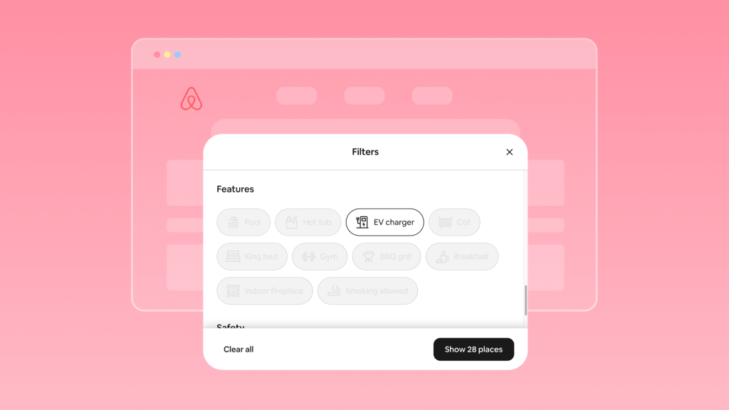 A mockup of the Airbnb website showing that EV charger can be selected as a filter when searching for listings.