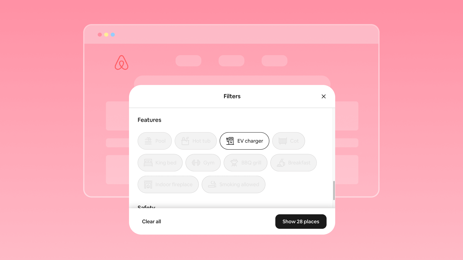 A mockup of the Airbnb website showing that EV charger can be selected as a filter when searching for listings.