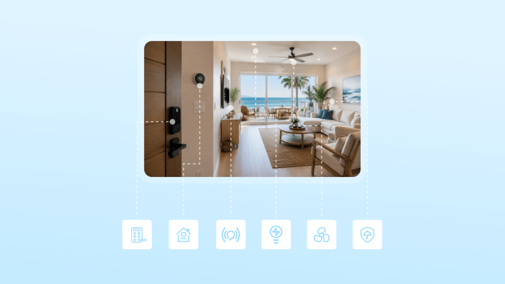 A bright, modern coastal Airbnb living room with subtle smart home features integrated naturally into the space, creating a comfortable and energy-efficient vacation rental atmosphere.