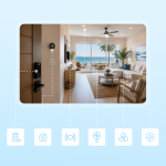 A bright, modern coastal Airbnb living room with subtle smart home features integrated naturally into the space, creating a comfortable and energy-efficient vacation rental atmosphere.