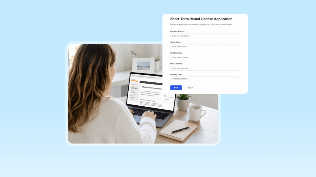 A vacation rental host reviews official vacation rental license information on a government website while preparing a short-term rental application.