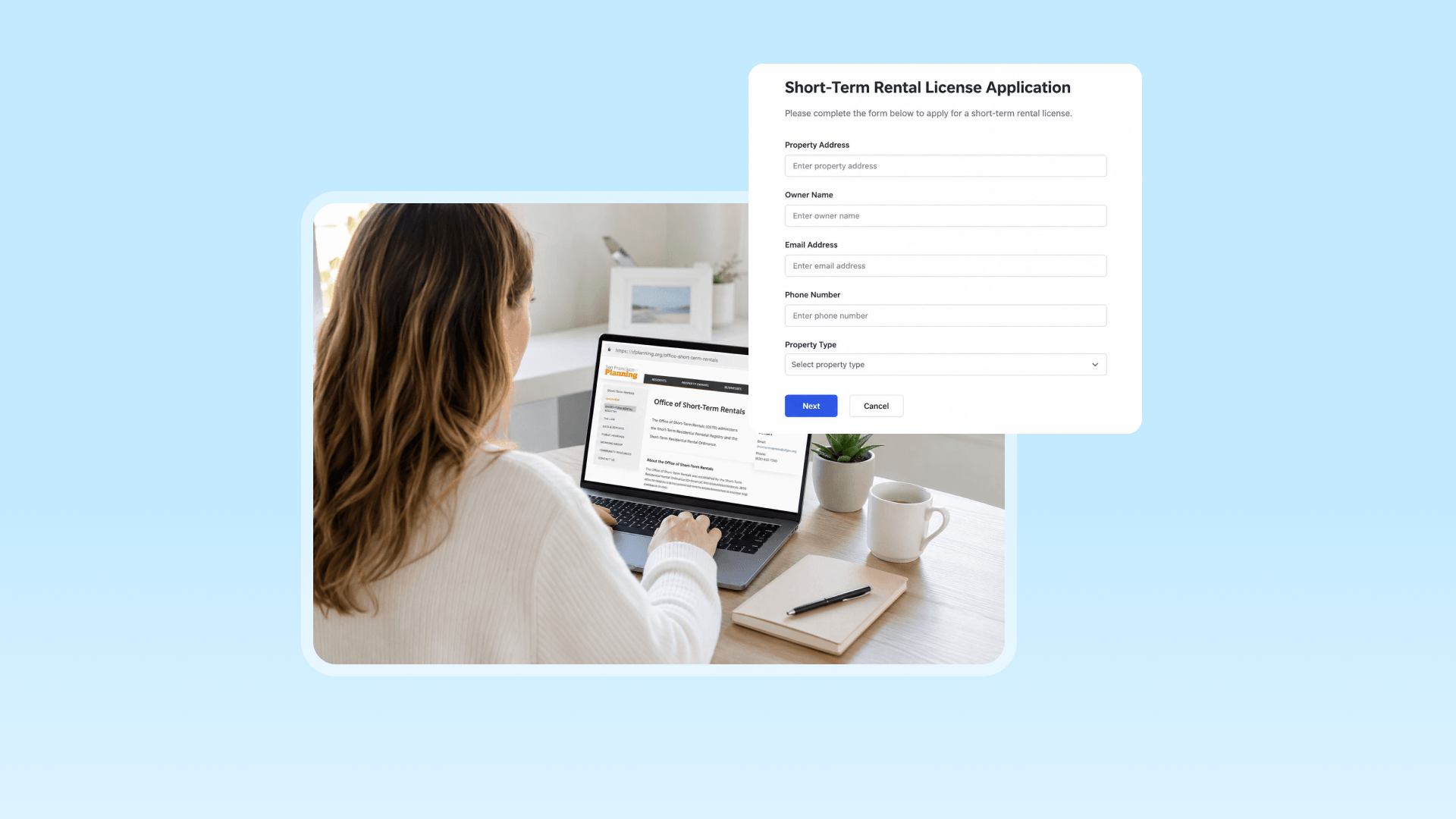 A vacation rental host reviews official vacation rental license information on a government website while preparing a short-term rental application.