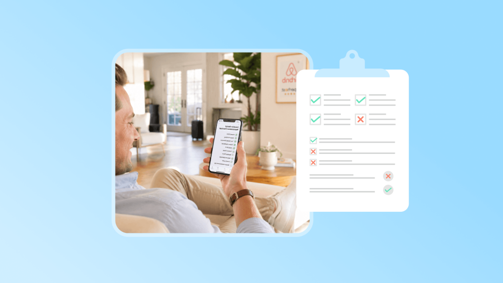 A confident Airbnb host managing a vacation rental maintenance checklist on his smartphone in a bright living room.