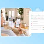 A confident Airbnb host managing a vacation rental maintenance checklist on his smartphone in a bright living room.