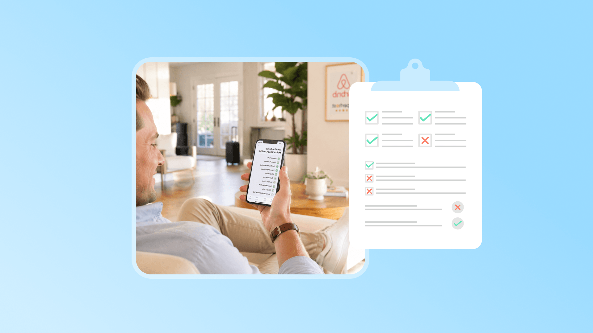 A confident Airbnb host managing a vacation rental maintenance checklist on his smartphone in a bright living room.