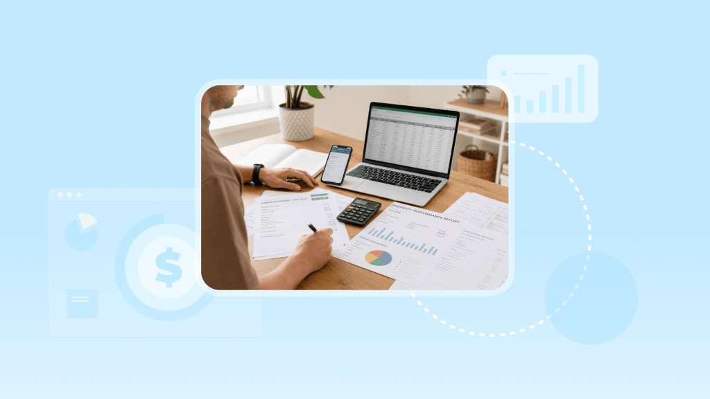 An Airbnb host doing revenue management at their desk, with various spreadsheets, a computer, and a phone on the table.
