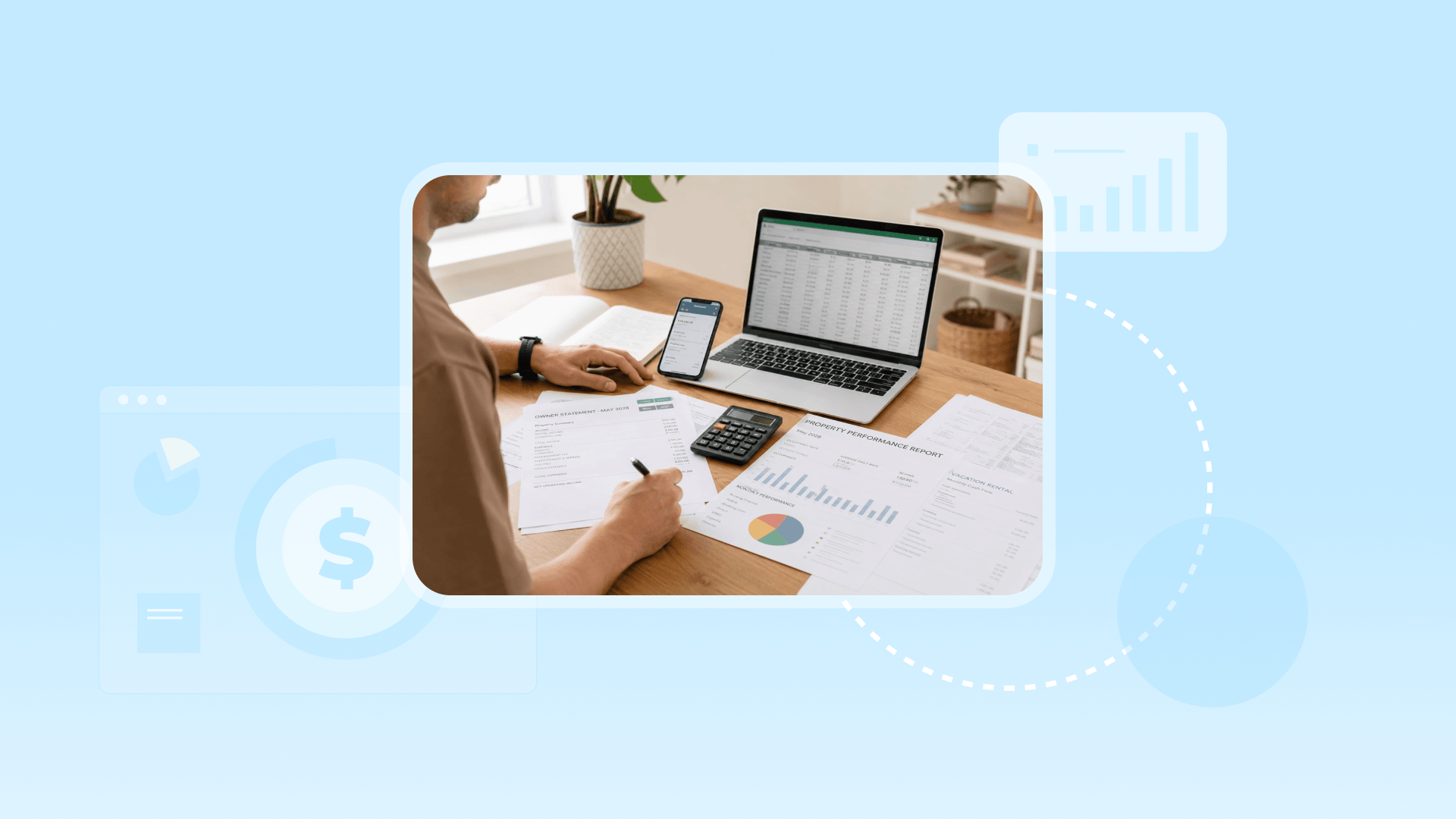 An Airbnb host doing revenue management at their desk, with various spreadsheets, a computer, and a phone on the table.