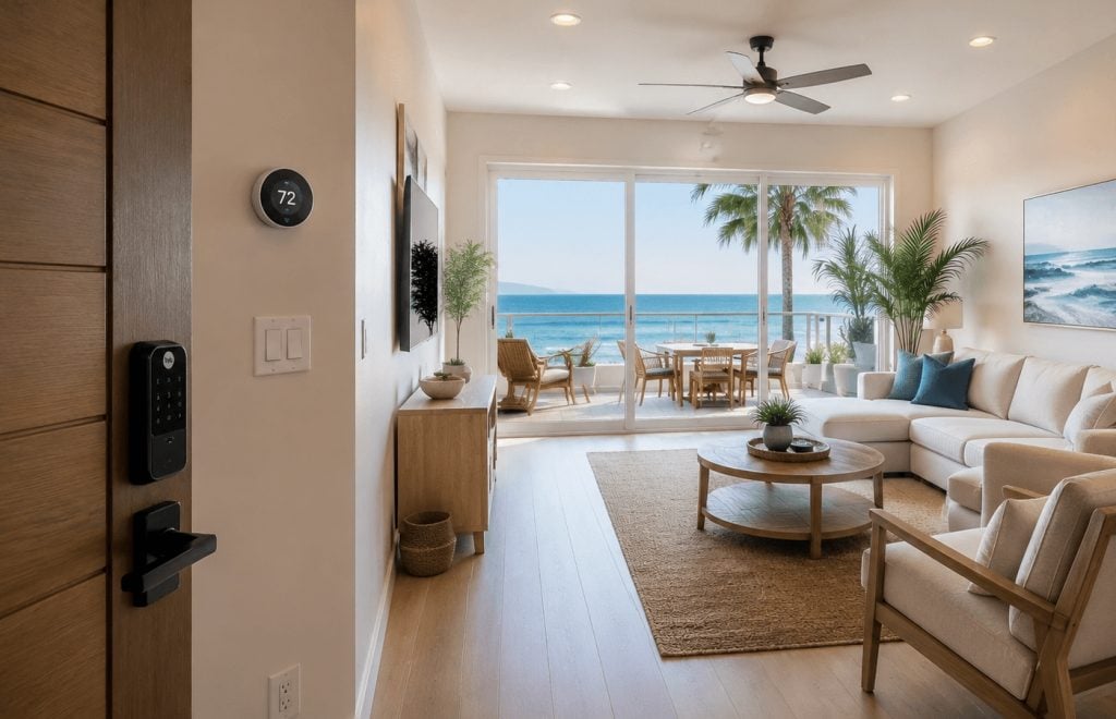 A bright, modern coastal Airbnb living room with subtle smart home features integrated naturally into the space, creating a comfortable and energy-efficient vacation rental atmosphere.