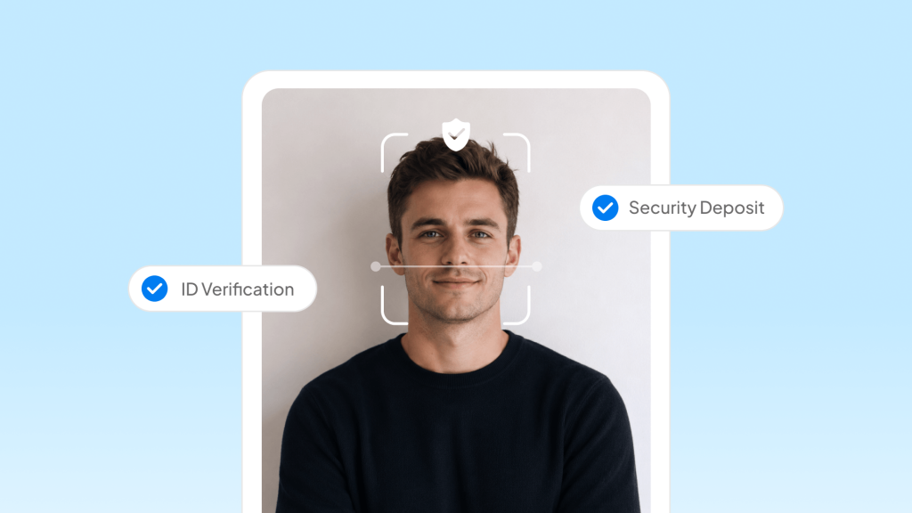 A smartphone screen showing a guest undergoing facial recognition and ID verification for short-term rental guest screening, with verified badges for ID verification and security deposit, representing how hosts can vet guests before booking.