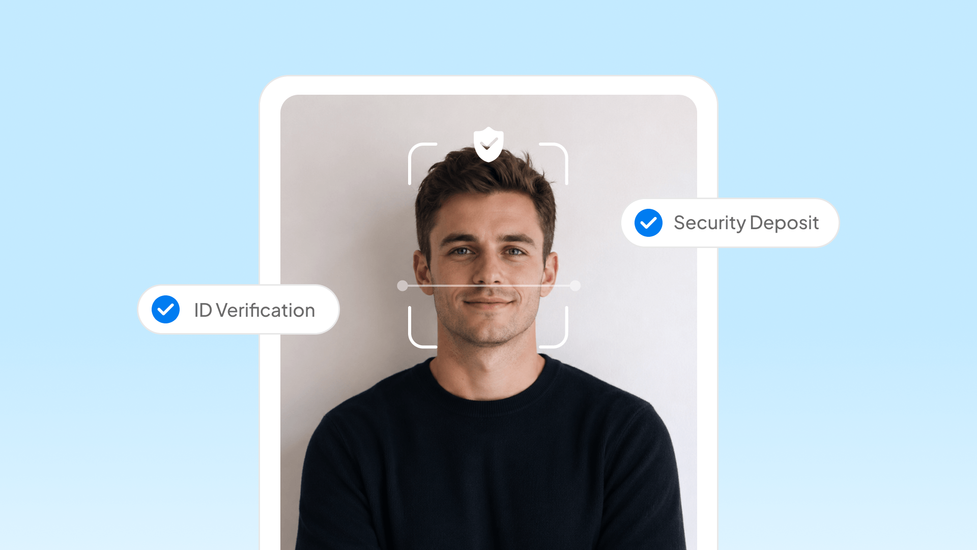 A smartphone screen showing a guest undergoing facial recognition and ID verification for short-term rental guest screening, with verified badges for ID verification and security deposit, representing how hosts can vet guests before booking.