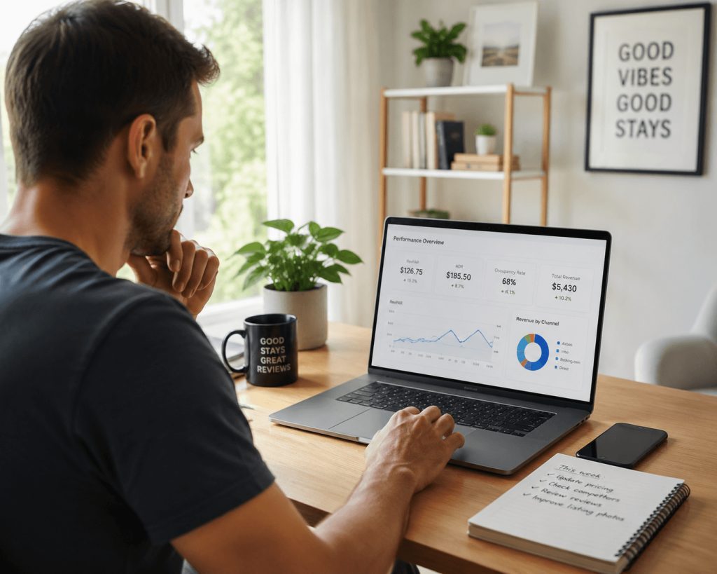 Airbnb host using a laptop to view property performance data in Hostex, including RevPAR metrics for short-term rental management.