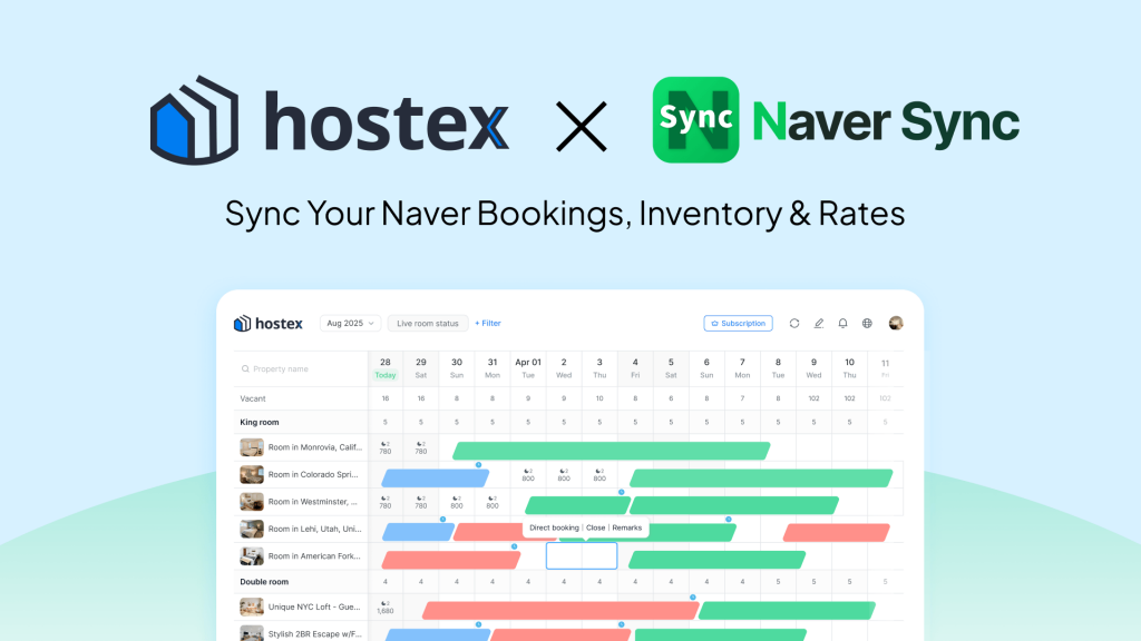 Hostex and NaverSync logos alongside a Hostex calendar interface, illustrating how the integration enables Korean hosts to sync Naver listings, bookings, availability, and pricing.
