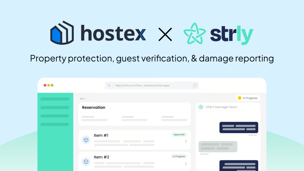 Hostex and STRLY logos alongside a calendar interface, illustrating how the integration enables property protection, guest verification, and damage reporting for short-term rentals.