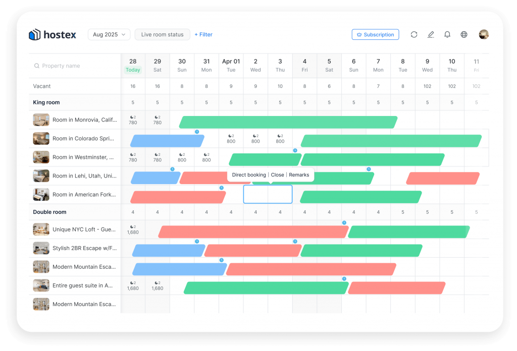 A screenshot of the calendar in Hostex, a short-term rental management software.