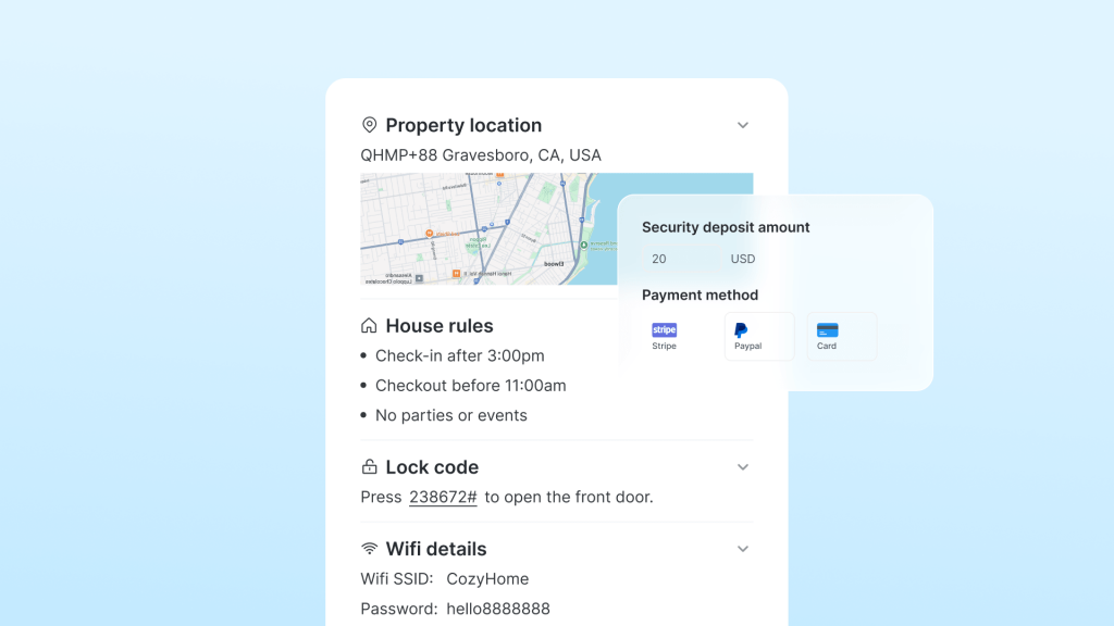 Hostex feature screenshot showing guest guidebook, automated deposit