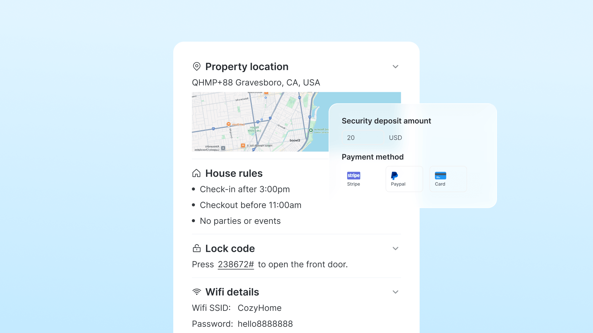 Hostex feature screenshot showing guest guidebook, automated deposit