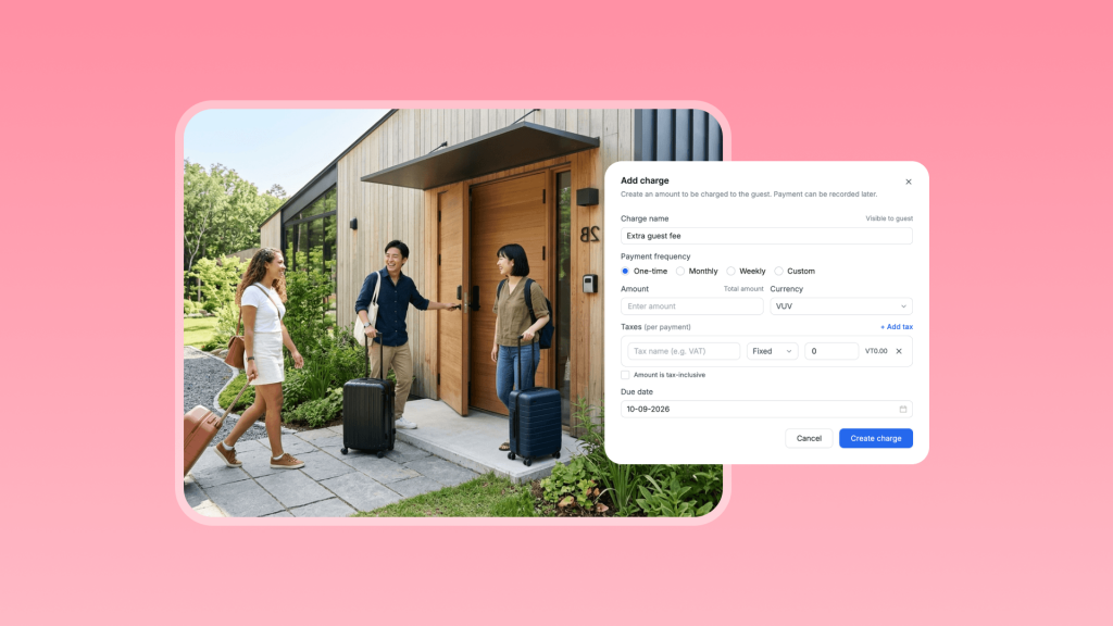 Hostex add charge interface for a guest stay, showing an 'Extra guest fee' form with one-time payment, overlaid on a photo of guests arriving at an Airbnb house.