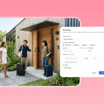 Hostex add charge interface for a guest stay, showing an 'Extra guest fee' form with one-time payment, overlaid on a photo of guests arriving at an Airbnb house.