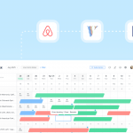 Light blue cover showing a Hostex multi-calendar syncing Airbnb, VRBO, Booking.com, and Google Vacation Rentals for short-term rental hosts.