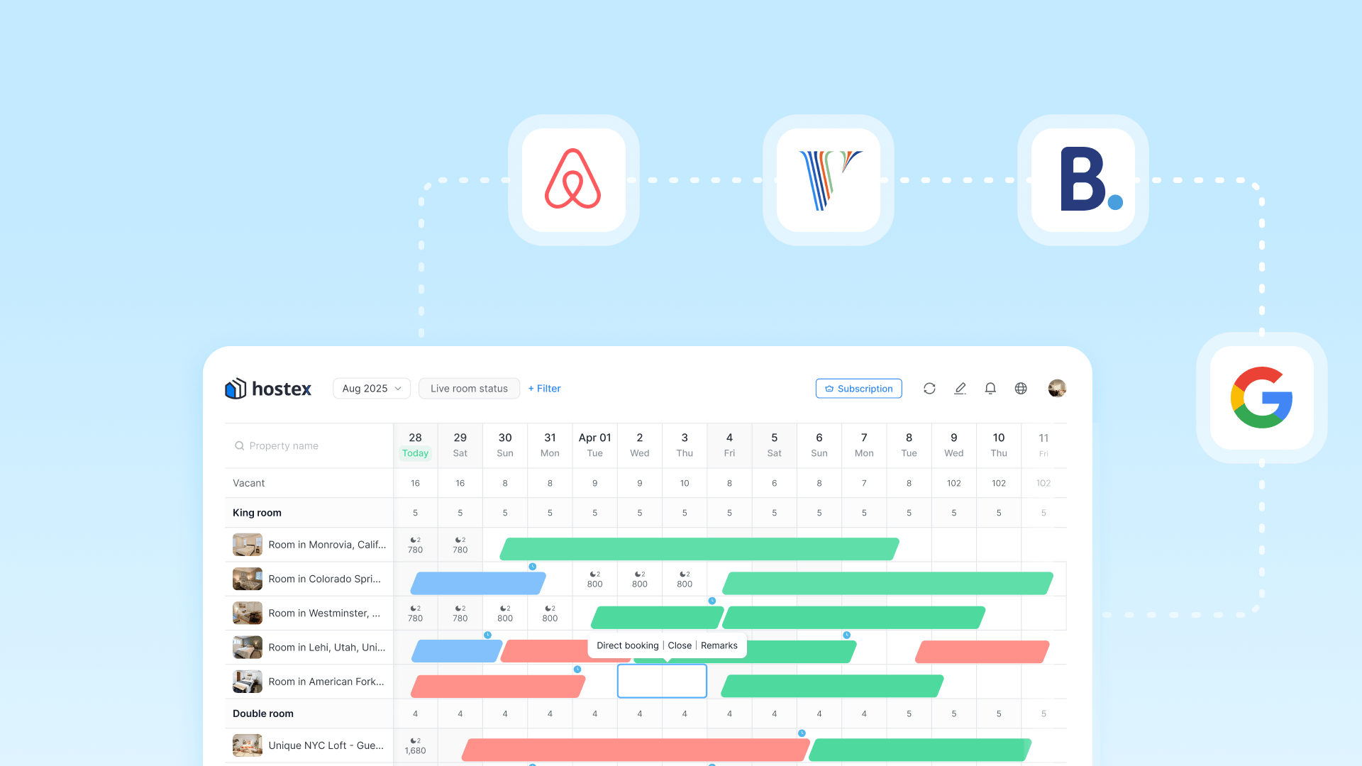 Light blue cover showing a Hostex multi-calendar syncing Airbnb, VRBO, Booking.com, and Google Vacation Rentals for short-term rental hosts.