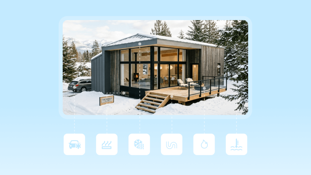 A modern Airbnb cabin surrounded by winter snow, with a wooden deck and large glass windows. The bottom of the graphic displays functional icons for vehicle anti-freeze, roof insulation, floor heating, and pipe freeze protection, highlighting its comfortable winter living facilities.
