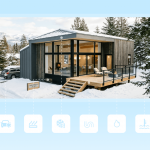 A modern Airbnb cabin surrounded by winter snow, with a wooden deck and large glass windows. The bottom of the graphic displays functional icons for vehicle anti-freeze, roof insulation, floor heating, and pipe freeze protection, highlighting its comfortable winter living facilities.