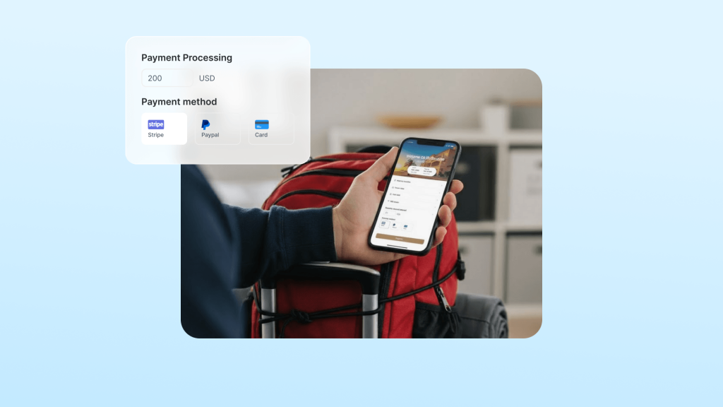 Traveler holding a smartphone with a payment processing screen showing Stripe, PayPal, and card options