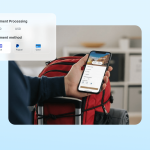 Traveler holding a smartphone with a payment processing screen showing Stripe, PayPal, and card options